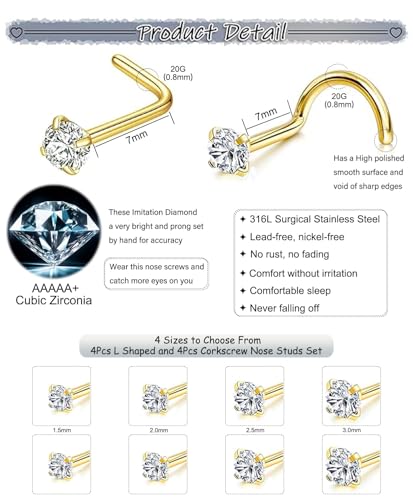 8Pcs 20G Nose Rings Studs Set for Women Men - Hypoallergenic Gold/Silver 316L Surgical Stainless Steel Nose Studs L Shaped Corkscrew Body Piercing Jewelry for Nose Earring Studs CZ 1.5mm 2mm 2.5mm 3mm2