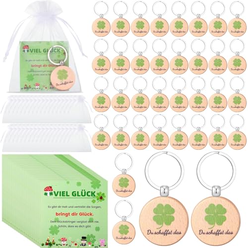 Namalu 36 Sets de Regalo de Felicidad Incluido. 36 Llaveros de Madera con Forma de Trébol 36 Cartas 36 Bolsas de Organza para Mujeres Colegas Empleados Amuleto de Suerte para Examen (Du Schaffst)