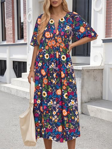 Image of Wenrine Womens Casual Maxi Dress Short Sleeve Loose Flowy Summer Dresses | flutter sleeve, v neck, loose fit, slit, long summer dress, beach, vacation