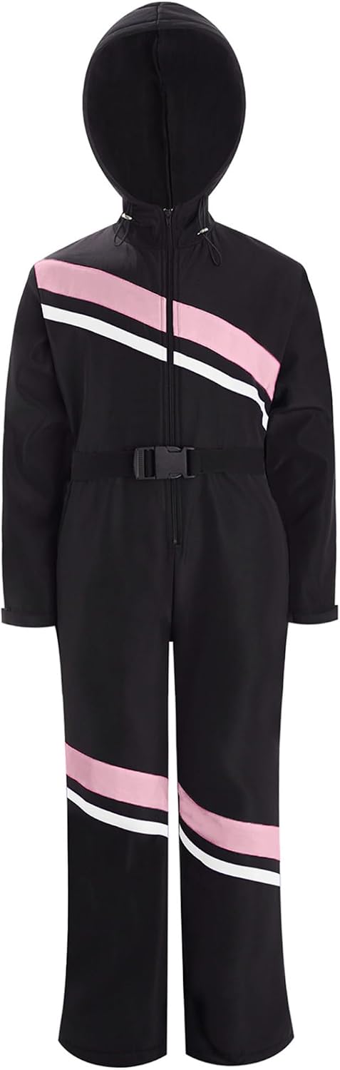 Kids Girls Ski Suit One Piece Hooded Snowsuit Waterproof Snowboard Overall Jumpsuit with Belt Hot Pink&Black 8 Years