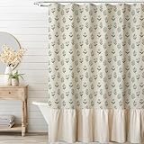 MUGINYU Linen Textured Ruffle Shower Curtain - Vintage Floral Block Print in Beige and Green, Boho Cottagecore Farmhouse French Country Bathroom Decor Set, 72x72 Inches