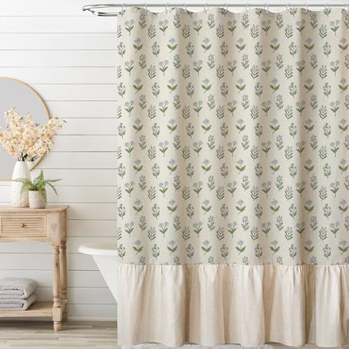 MUGINYU Linen Textured Ruffle Shower Curtain - Vintage Floral Block