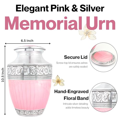 Image of ALPHA Living HOME Cremation Urns for Human Ashes - Adult Metal Urn for Men or Women up to 200lbs - Handcrafted Memorial Burial Container - Suitable for Funeral or Display (Pink Silver)