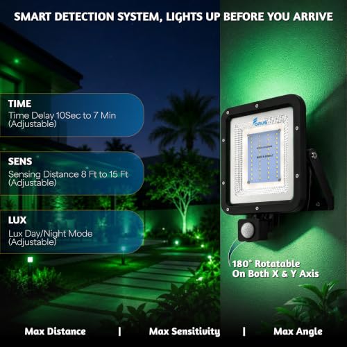 Image of Forus 50W LED Flood Light Green with Motion Sensor Auto On Off Day Night Mode Waterproof Outdoor Security Light for Garden Parking Garage Factory Backyard Shop High Bright Floodlight 4Yr Warranty-1Pc