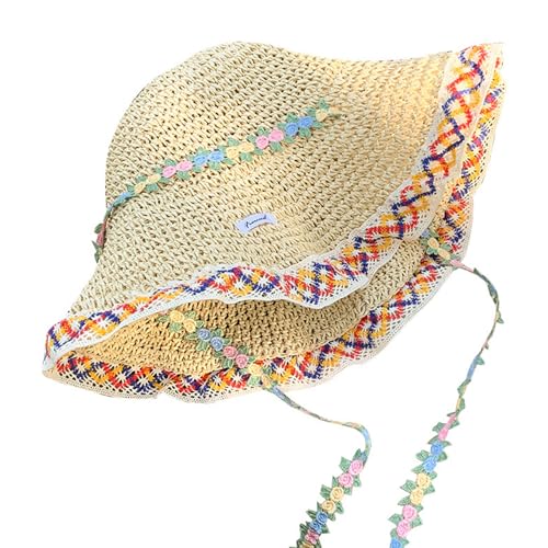Chapeau de paille à larges bords unisexe avec cordon de couleur pour la plage et le plein air