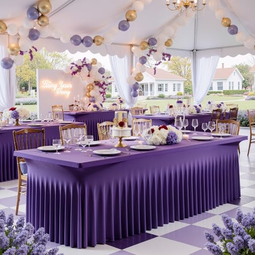 Image of Outpain Deep Purple Spandex Table Clothes for 6 Foot Rectangle Tables-6Pack 6FT Spandex Fitted Table Cover, Wrinkle Free Tablecloths with Skirt for Parties, Wedding, Birthday, Banquet, Festival