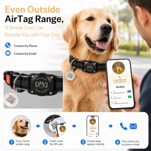 Image of Dog Collar with AirTag Holder Waterproof QR Code Reflective Collar(Black,L)