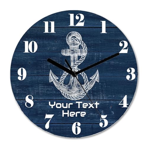 11.6'' Vintage Anchor Wall Clock Personalized Nautical Retro Wooden Clock White Anchor Pattern Clock Custom Funny Round Wall Clock Easy to Read Wall Clock for Living Room Kitchen