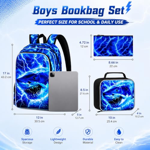 Image of 17 inch Shrak Backpack for Boy, 3Pcs Lightning Bookbag for Elementary Preschool Kindergarten, Kids School Thunder Backpacks with Lunch Box (Blue)