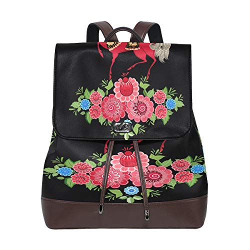 Mochila de piel sintética con diseño de caballos de hada en flores para mujer