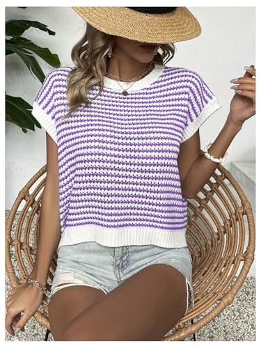 Image of Milumia Women's Striped Short Sleeve Sweater Vest 2025 Summer Cap Sleeve Pullover Tank Top