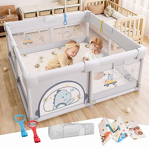 Image of CYGNE Baby Playpen with Mat for Babies and Toddlers, 50x50 inch Play Yard, Small Baby Play Pen for Apartment, Playful Cartoon Printed Design, Gray