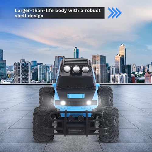 Image of popsugar Off Roader Rechargeable Remote Control Monster Truck with 4 Headlight Modes | Lithium Battery | C-Type Charging | Remote Control Car for Kids | Made in India, Sky Blue