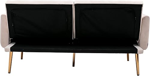 Miniatura 7 de SZLIZCCC Sofá cama moderno de mediados de siglo, sofá biplaza de terciopelo de 63 pies con pies de metal dorado (beige)
