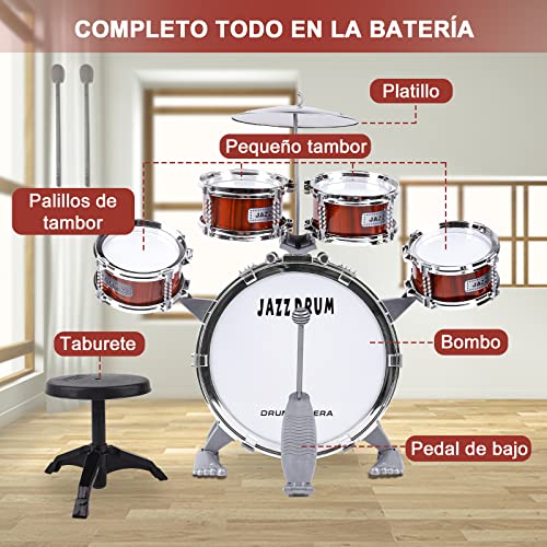 Bateria Musical Niños, Bateria Infantil Jazz Instrumento Percusión con 5 Tambores 1 Platillo 2 Baquetas y Taburete - Musical Educativos Regalo de Navidad para Niños y Niñas de 3 Años, Rojo