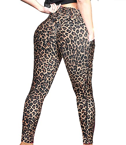 FITTOO Scrunch Butt Leggings with Pocket for Women TIK Tok Anti Cellulite Booty Lifting Workout Yoga High Waisted Pants Side Pocket Cheetah Large