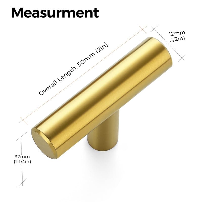 Ravinte Pack of 25 Gold Cabinet Knobs, T Bar Handles for Kitchen Cabinets 50 mm Total Length Cabinet Handles - Image 3