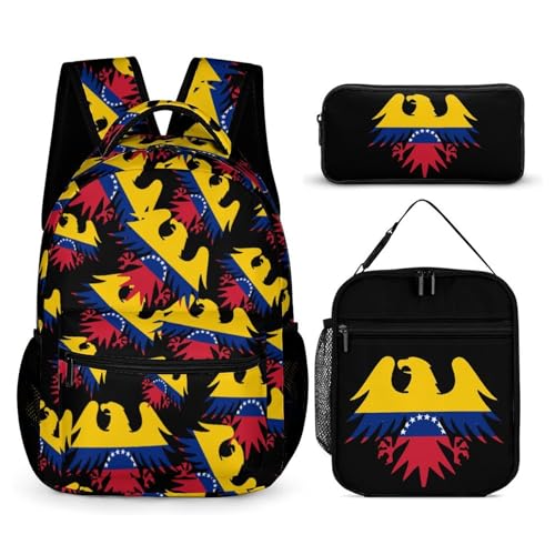 Venezuelan Ea-gles Flag Cute Print Backpack Set of 3 Portable Lunchbox Pencil Cases for Daily Travel