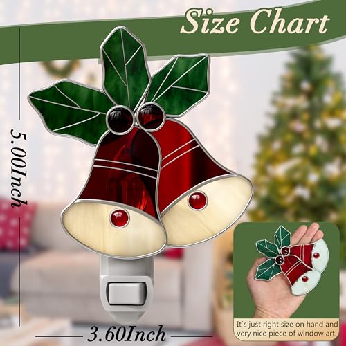 Image of Night Lights Plug into Wall Christmas Red Bell for Home Decor | Stained Glass Night Light Plug in,7W Warm Light,Switch-On /Off for Adult Kids Room Bathroom Gifts for Mom Grandkids Christmas