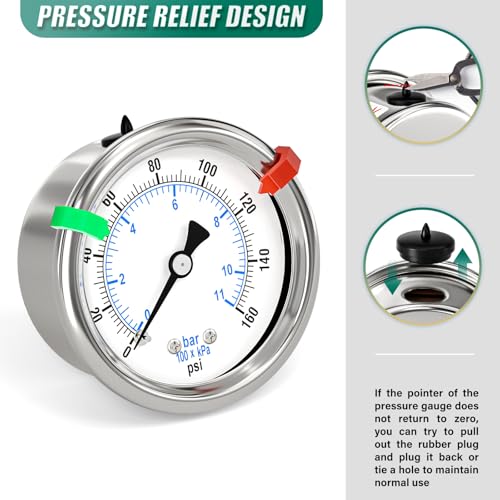 Image of 0-160Psi Stainless Steel Dry Low Pressure Gauge 1 /8 inch NPT 2 inch Dual Scale Dial, Back Mount, Waterproof for Water Oil Air Well pump, compressors, Tire Gas Pressure Test (with Range Mark Pointer)