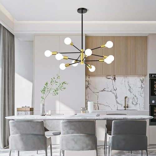 Phaosio Sputnik Chandelier 10-Light, Mid Century Modern Height Adjustable Ceiling Light Fixture for Dining Room, Kitchen Island, Living Room,Bedroom-Black and Gold by Phaosio - Used condition - Image 7