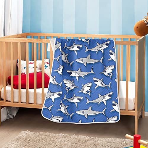 Image of Swaddle Blanket for Blue Cartoon Shark Fish Baby Receiving Blanket Muslin Baby Swaddles Soft Cotton Breathable Nursery Blankets for Unisex Boys and Girls 30x40 Inch