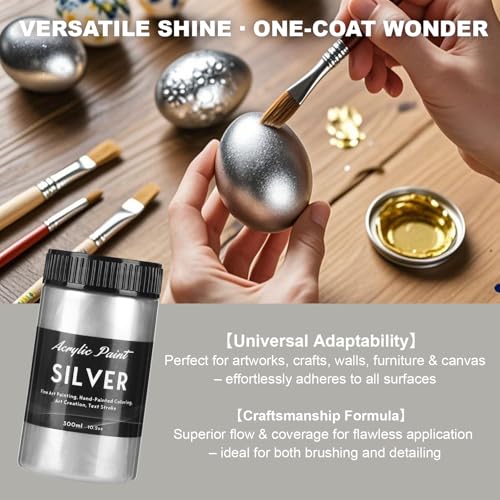 Image of 300ml Silver Metallic Acrylic Paint, Non Toxic Waterproof Silver Metallic Acrylic Paint for Wood, Canvas, Furniture, Handcrafts, DIY Decor