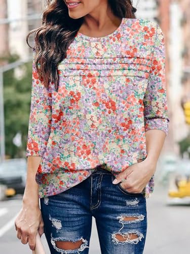 KISSMODA Women's Casual 3/4 Sleeve T-Shirts Round Neck Cute Tunic Tops Basic/Pleated Summer Tops Trendy Spring Blouses