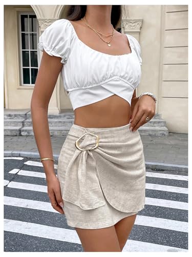 GORGLITTER Women's Linen Wrap Ruched Mini Skirt Metallic Ring Linked High Waist Wrap Coquette Skirts3