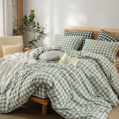 Image of BESTOUCH Gingham Cotton Duvet Cover Set Sage Green Super Queen | Washed Cotton, Linen Feel, Soft Wrinkle Texture, Hidden Zipper, 8 Ties, Breathable Lightweight Durable Comfy, 3 Pcs No Insert