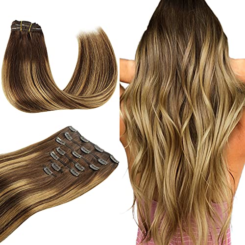 WENNALIFE Clip in Hair Extensions, 150g 24 Inch 9pcs Balayage Chocolate Brown to Caramel Blonde Remy Hair Thicker Double Weft Extensiones De Cabello Humano Con Clip Ins Straight Full Volume