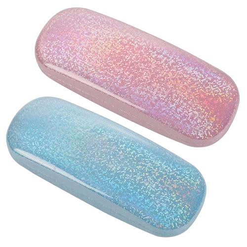 TRUEIN Funda de Gafas Rígida de 2 Piezas, Estuche de Anteojos de Protección de Cuero de PU, Funda de Gafas de Purpurina con Paño de Limpieza, Portátil Estuche Gafas de Sol Niña Mujer