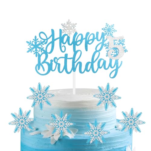 mciskin 7 adornos para tartas de Frozen Birtdhen, decoraciones de cumpleaños número 5 para niña, 5 decoraciones para tartas, decoraciones de pastel congelados, adornos de cupcakes azul plateado para