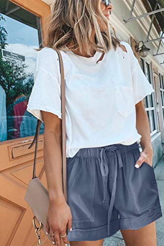 Anftfh Womens Shorts For Summer Drawstring Casual Elastic Waist Pocketed Shorts Dusty Blue L #TOP6