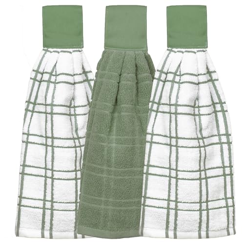 Image of Ritz Premium 100% Cotton Solid and Multi Check Kitchen Tie Towel Absorbent, Super Soft, and Fast Drying Hang Towel, Set of Three, Juniper