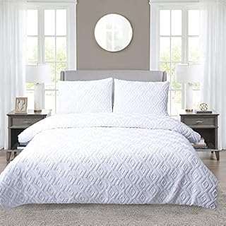 YINFUNG White duvet cover bed set easy care Bed covers King Double set super soft Clipped Jqacquard with 2 pillow cases (White, Super King 260x220cm+50x75cmx2)