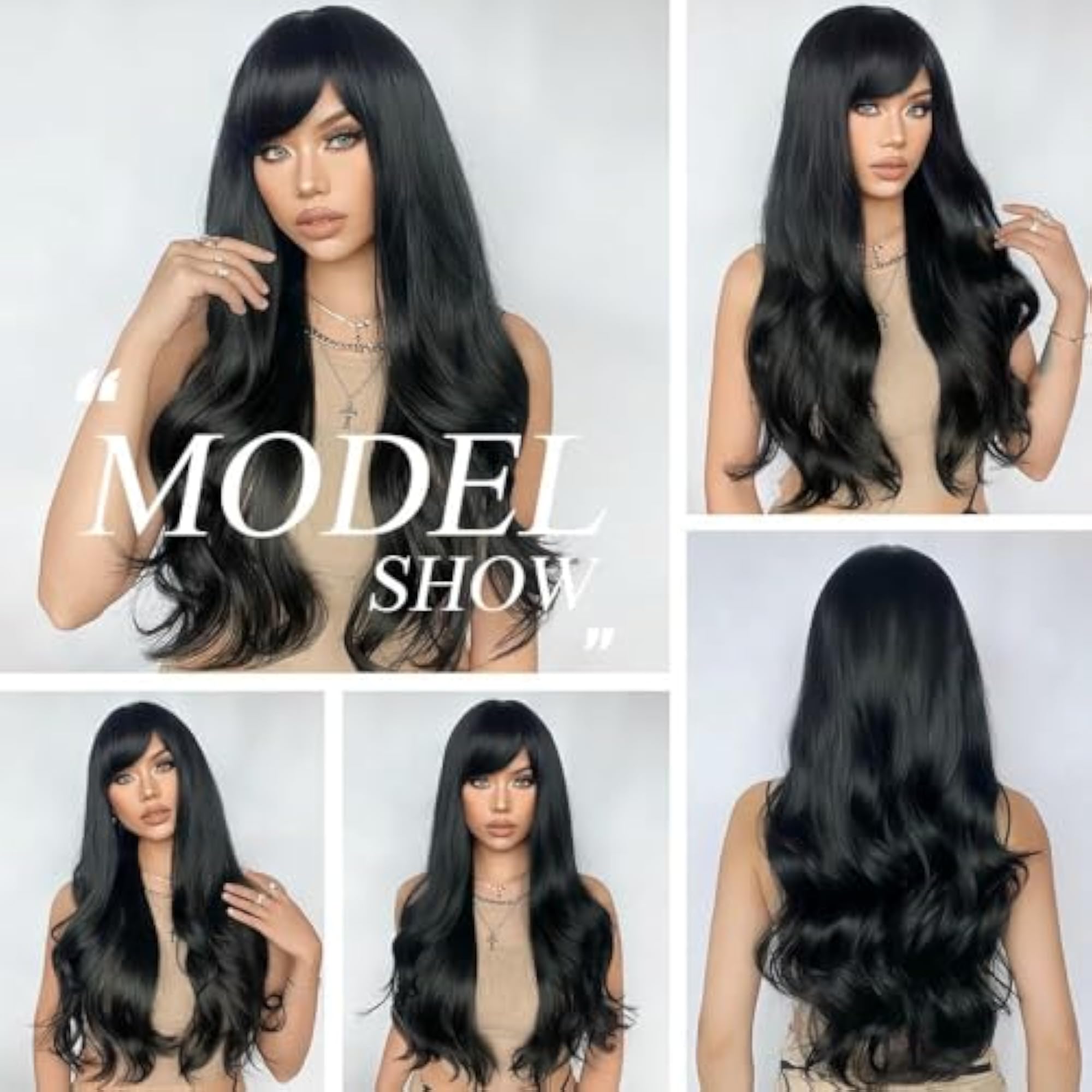 Women Matt Finish Synthetic Long Wavy Front Hair Wig Bangs Black