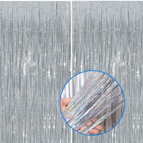 Jonami Rideau Métallique Argent Brillant, 2X Rideaux à Franges en Aluminium, Tinsel Toile de Fond pour Photos de Fête Argent, Decoration Anniversaire