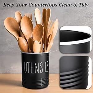 Kitchen Utensil Holder, 6.7" Utensil Holder for Kitchen Counter, Cooking Utensil Crock with Cork Bottom, Modern Farmhouse Decor, Countertop Utensil Storage Organizer Caddy, Black Kitchen Utensil Holder 67 Utensil Holder for Kitchen Counter Cooking Utensil Crock with Cork Bottom Modern Farmhouse Decor Countertop Utensil Storage Organizer Caddy Black