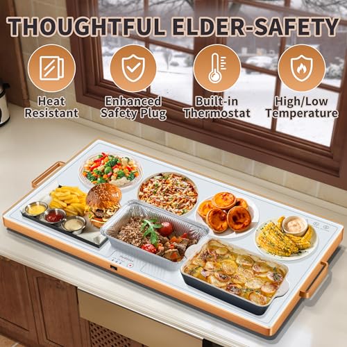 Image of Warming Mat for Food (XXL 32 inchx18 inch), Warming Trays for Buffets Party and Daily Use,Temperature Control Food Warmer, Full Surface Tempered Glass Top Heating Food Warming Mat, White Electric Warming Tray