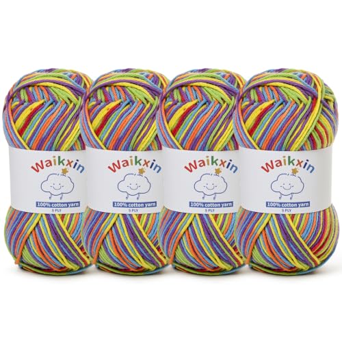 Image of Cotton Yarn for Crocheting - 524.9yds / 7.05oz Baby Yarn for Crocheting Soft - 100% Milk Cotton Yarn 5 Ply Crochet Amigurumi Yarn for Crafts&Puzzle /Socks /Hats(4 Rainbow)