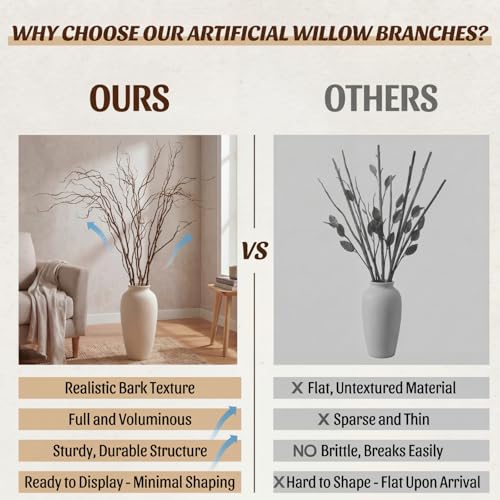 Image of Norme 3 Pcs 65 Inch Lifelike Curly Willow Branches for Vases Artificial Decorative Dried Twigs Tall Plastic Vine Bendable Stick for DIY Plant Crafts Farmhouse Wedding Indoor Home Hotel Decor(Brown)