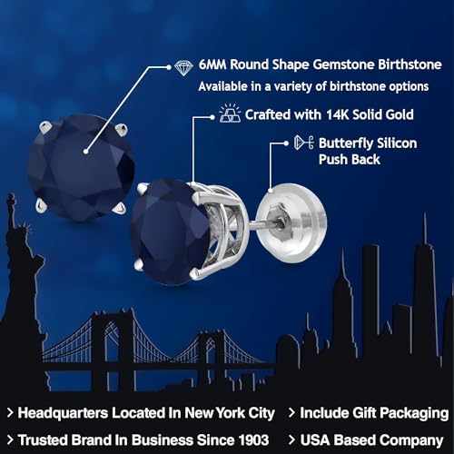 Gem Stone King 14K White Gold Blue Sapphire Stud Earrings For Women Men | 2.00 Cttw | Gemstone Birthstone | Round 6MM | Gold Earrings For Women Men2