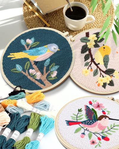 Image of TINDTOP Punch Needle Kits, Panda Punch Embroidery Kits for Adults | 3 Sets, Tool with Punch Needle Fabric, Hoops, Yarns and Sewing Needles (Bird)