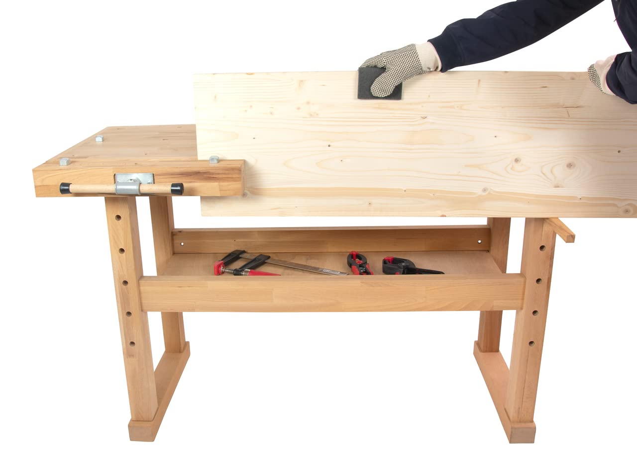 HEMMDAL Hobelbank | 400 kg Tragkraft | HxBxT 83 x 140 x 50 cm | 1 Schraubstock | aus Buchenholz | massiver Arbeitstisch mit Kufenfüßen | schmutzresistente Öl-Versiegelung | Werktisch | Werkbank
