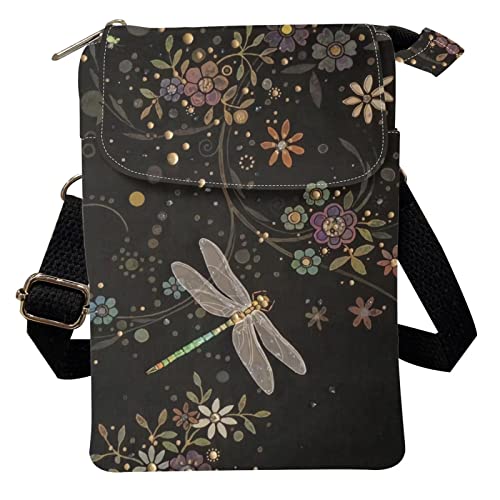 POLERO Petit sac à bandoulière en toile tournesol pour femmes et filles - Sac à bandoulière réglable pour téléphone portable, Fleurs de libellule., Taille unique Cover