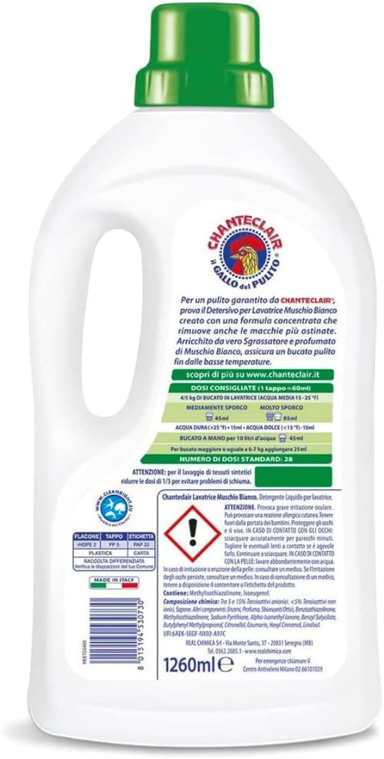 Chanteclair - Detersivo per Lavatrice, Profumo Muschio Bianco, Formula Concentrata, con Vero Sgrassatore - 3 Flaconi da 1260 ml