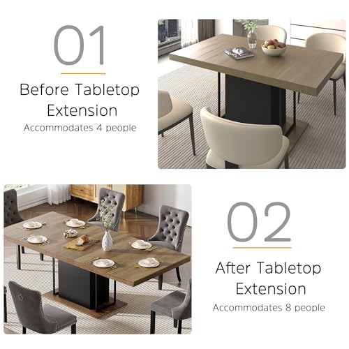 Image of 78.74 inch Extendable Dining Table for 6 8 10 Person, Farmhouse Expandable Dining Table Large Rectangle Wooden Expanding Table with Black Pedestal Base for Kitchen Dining Meeting Room Small Space, Brown