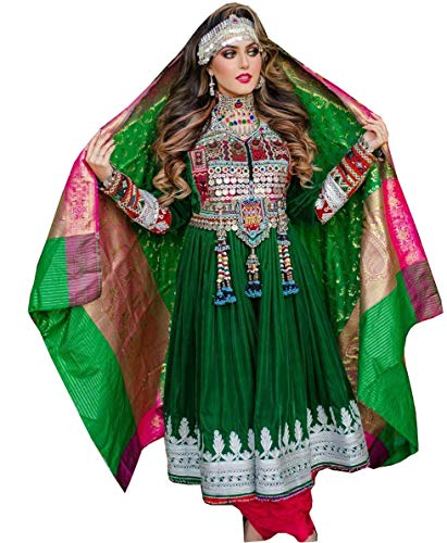 Afghan Kuchi Handmade Traditional Embroidered Women Afgani Velvet Dress Green and Red Medium Size