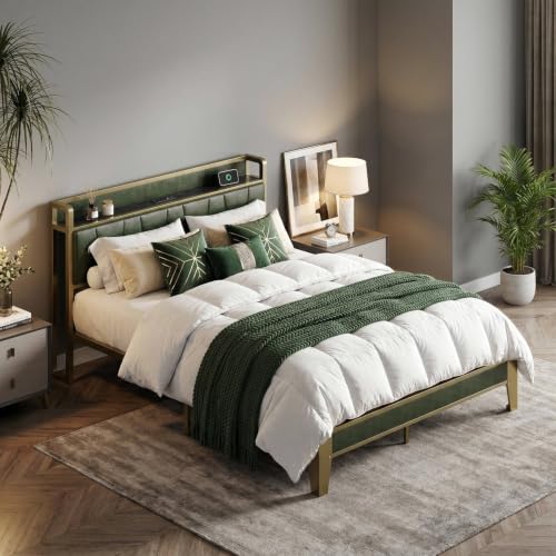 Image of LIKIMIO Full Bed Frame, Storage Headboard with Charging Station, Solid and Stable, Noise Free, No Box Spring Needed, Easy Assembly (Dark Green)